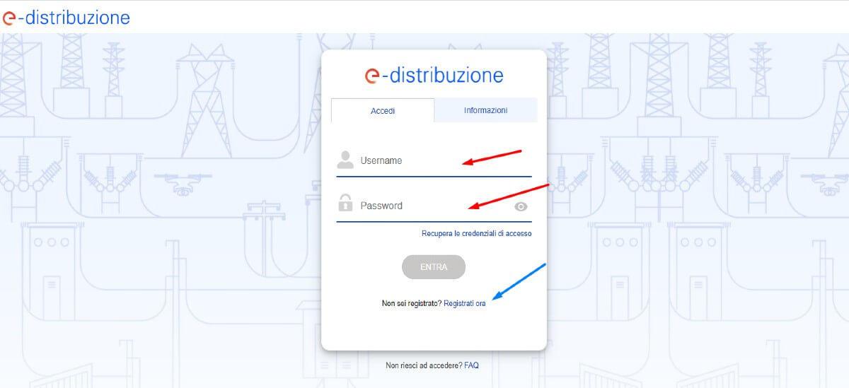 Inserisci Username e Password per Fare Login all'Area clienti di E-distribuzione o Clicca su "Registrati ora""