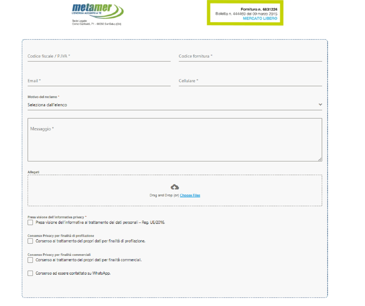 Form per il reclamo Metamer Modulo reclamo online Metamer