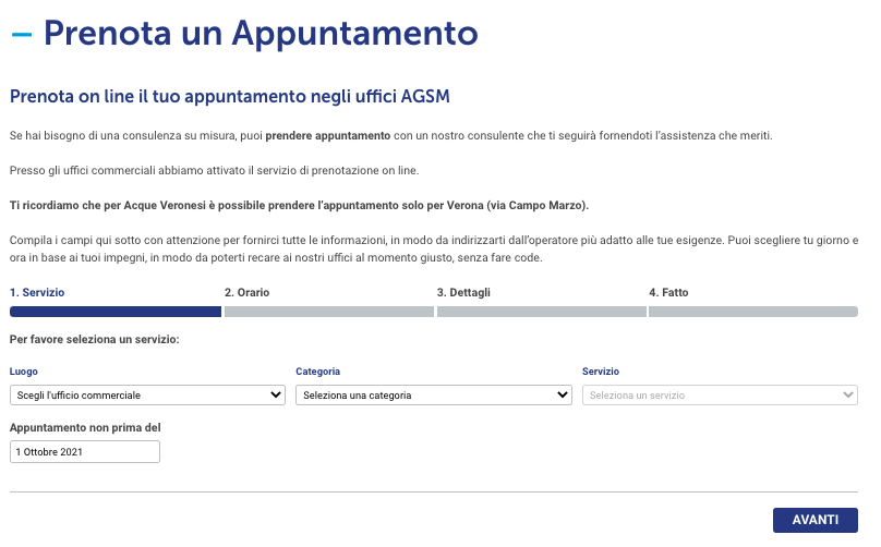 Sezione di Agsm Fai da Te dove puoi prenotare un appuntamento presso lo sportello fisico vicino a te. (www.agsmperte.it 28_09_2021) Sezione di Agsm Fai da Te dove puoi prenotare un appuntamento presso lo sportello fisico vicino a te. (www.agsmperte.it 28_09_2021)