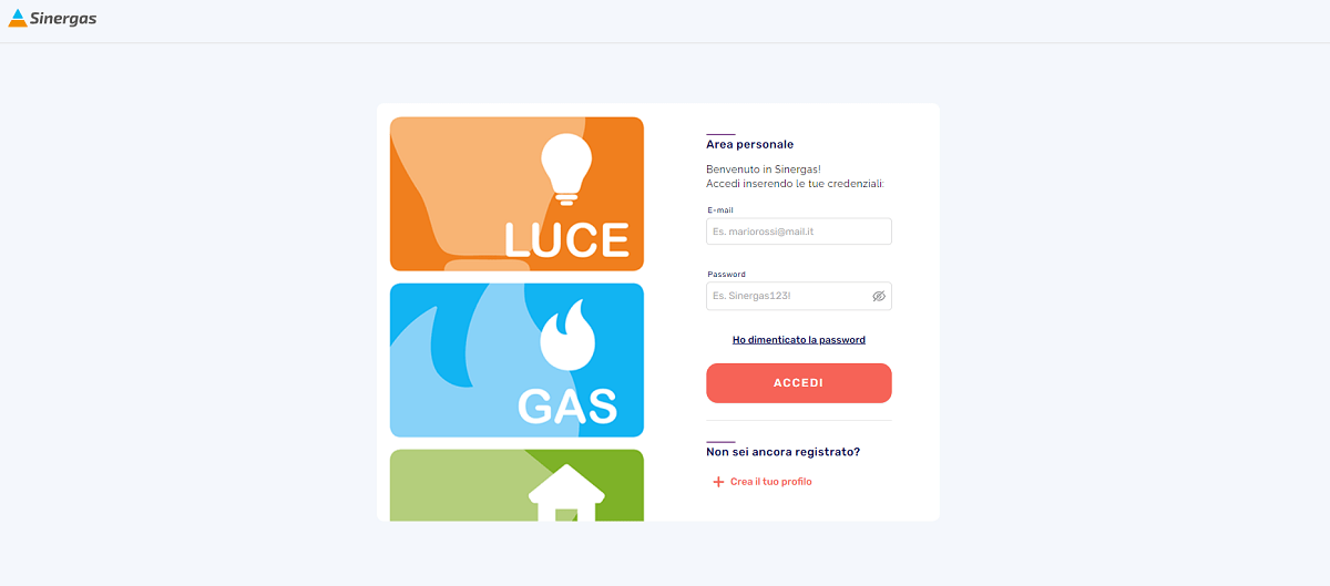 Schermata sito Sinergas, login Area Clienti Sinergas, login Area Clienti