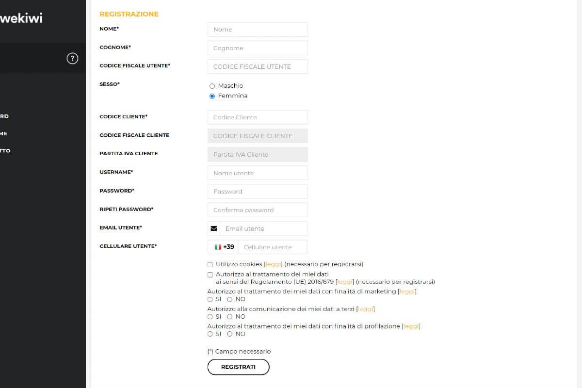 Wekiwi voltura, Area clienti sezione portale registrazione (fonte: www.wekiwi.it) Wekiwi voltura, Area clienti sezione portale registrazione (fonte: www.wekiwi.it)