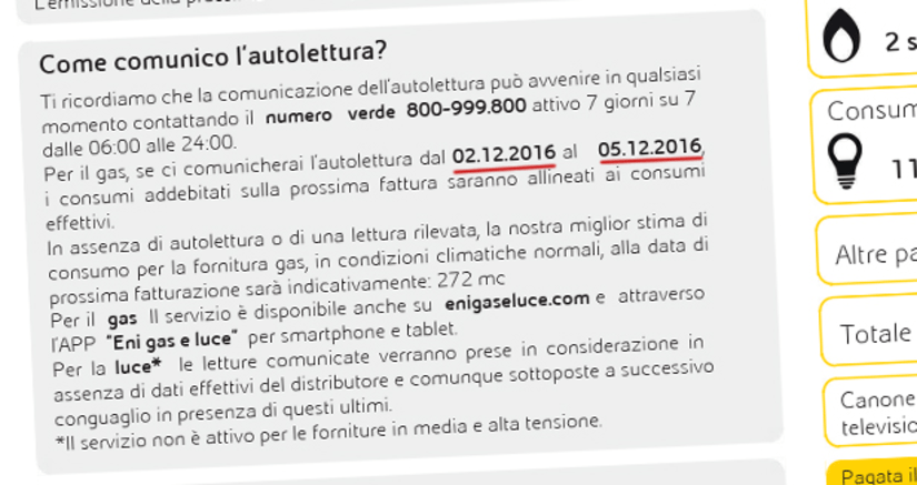 Esempio date per comunicazione autolettura (fonte enigaseluce.com 05/10/2021)